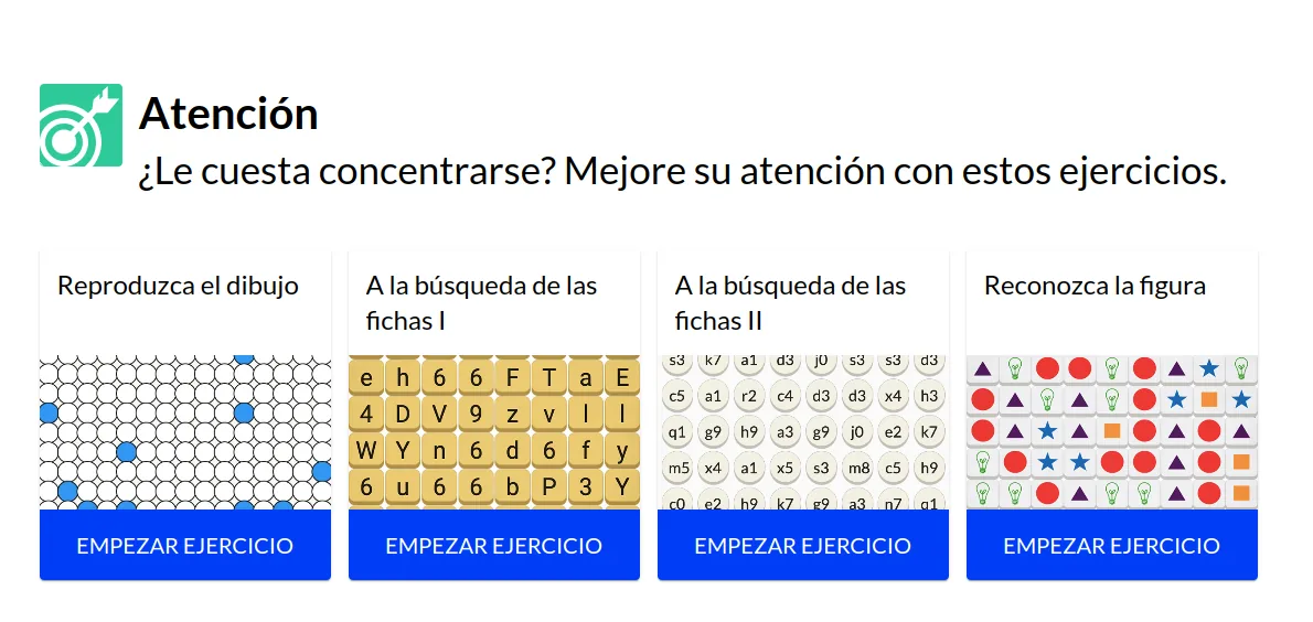 Área de atención de la plataforma, con los ejercicios Reproduzca el dibujo, A la búsqueda de las fichas I y II, y Reconozca la figura