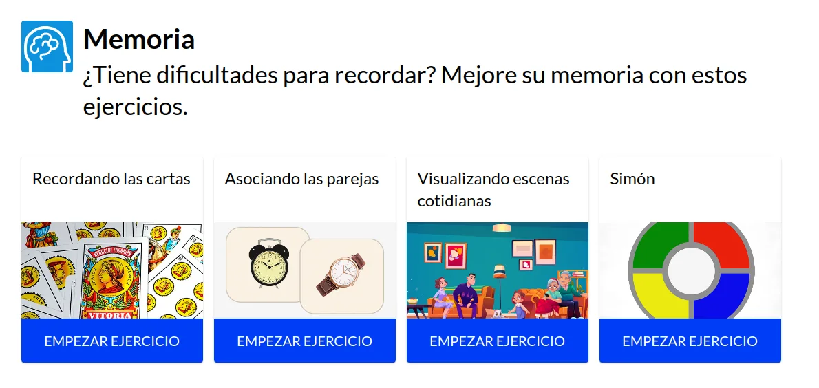 Área de memoria de la plataforma, con los ejercicios Recordando las cartas, Asociando las parejas, Visualizando escenas cotidianas y Simón